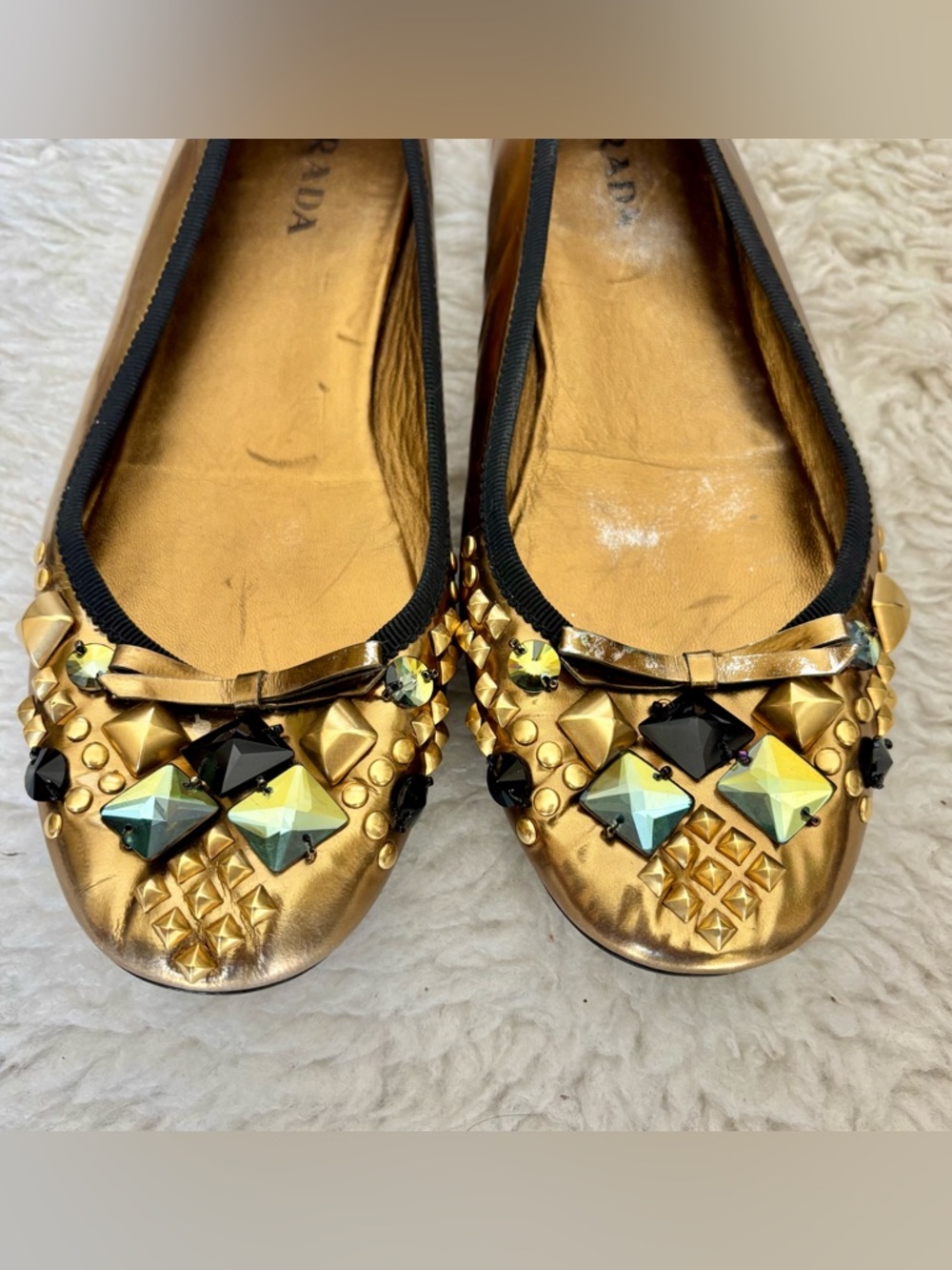 Prada Gold Metallic Embellished Jeweled Ballet Flats size EU 38.5  US 8 - Picture 6 of 12